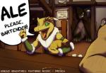 2013 anthro bar chair claws cloak clothing comic conditional_dnp dialogue english_text female fur furniture green_eyes group horn human kobold kobold_adventures kobold_adventures:_rezzic liquid lizardman male mammal open_mouth reptile rezzic sack scalie sefeiren sign sitting tavern text tongue