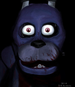 ambiguous_gender anthro articerik black_background blood blood_on_arm blood_on_chest blood_on_face bodily_fluids creepy looking_at_viewer machine purple_body purple_eyes simple_background solo year unknown_artist five_nights_at_freddy's scottgames bonnie_(fnaf) animatronic lagomorph leporid mammal rabbit robot robot_anthro 2014 dark_theme dated signature