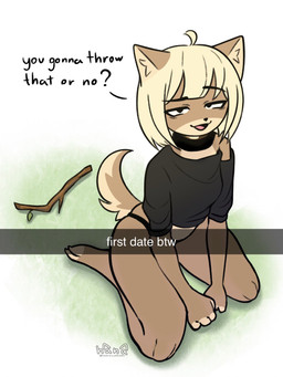 anthro clothing female flat_chested humor kneeling looking_at_viewer midriff panties simple_background smug solo stick text tired_eyes underwear dogfailureowo snapchat hana_(dogfailureowo) canid canine canis domestic_dog mammal english_text hi_res