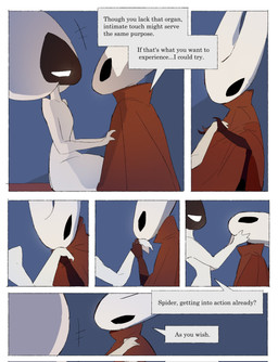 anthro bedroom biped black_body black_eyes blush blush_lines border cloak clothing detailed_background dialogue duo empty_eyes eye_contact female female/female female_anthro female_humanoid hand_on_face humanoid_on_anthro inside kiss_on_hand kissing looking_at_another looking_at_partner mouthless red_cloak red_clothing sitting speech_bubble talking_to_another talking_to_partner text white_body white_border white_eyes justdog hollow_knight:_silksong hollow_knight_(franchise) team_cherry hornet_(hollow_knight) lace_(hollow_knight:_silksong) arthropod humanoid 2025 comic digital_drawing_(artwork) digital_media_(artwork) english_text hi_res