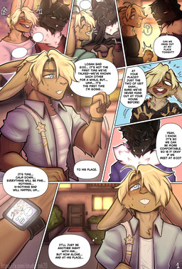 anthro biped black_body black_fur black_hair blonde_hair blue_eyes brown_body brown_fur buckteeth clock clothed clothing dialogue emanata food fur hair male male_anthro motion_lines nervous night page_number question_mark rabbit_ears red_eyes shy smile speech_bubble teeth text watch white_body white_fur eltakis logan_(eltakis) ron_(eltakis) bat lagomorph leporid mammal rabbit absurd_res comic digital_drawing_(artwork) digital_media_(artwork) english_text hi_res