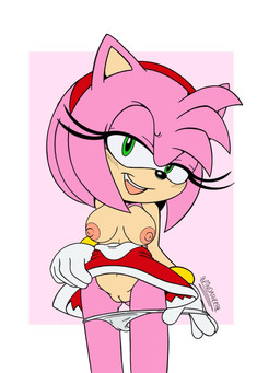 accessory anthro areola black_nose bracelet breasts clothed clothing dress exposed_breasts eyelashes female front_view genitals gloves green_eyes hair hair_accessory hairband handwear head_tuft jewelry looking_at_viewer nipples open_mouth open_smile panties panties_down partially_clothed pink_areola pink_background pink_hair pink_nipples red_clothing red_dress short_hair simple_background smile solo tuft underwear underwear_down vulva white_background white_clothing white_gloves white_handwear white_panties white_underwear spindasher98 sega sonic_the_hedgehog_(series) amy_rose eulipotyphlan hedgehog mammal 3:4 hi_res