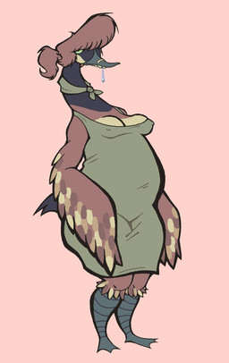 anthro bandage_on_beak beak black_body black_neck bodily_fluids breasts brown_body brown_hair clothing dress drooling feathered_wings feathers female green_clothing green_dress green_eyes hair kerchief monotone_background multicolored_body neckerchief neckwear nipple_outline nipples non-mammal_breasts non-mammal_nipples overweight overweight_anthro overweight_female pink_background saliva scuted_feet scutes simple_background small_breasts standing tail tail_feathers tan_body teeth thick_thighs toothed_beak wings phant0mc0wb3ll anatid anseriform anserine avian bird canada_goose goose 2026 digital_drawing_(artwork) digital_media_(artwork) hi_res