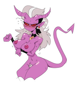 accessory arm_under_breasts blush blush_lines bodily_fluids breast_rest breasts ear_piercing ear_ring eyewear female glasses grey_hair hair headband horn long_tail mostly_nude nipples not_furry piercing pointed_tail pubes purple_body purple_skin red_eyes ring_piercing simple_background solo sweat tail white_background mhdrawin hellaverse helluva_boss mrs._mayberry_(helluva_boss) demon demon_humanoid humanoid 2023 digital_drawing_(artwork) digital_media_(artwork) hi_res
