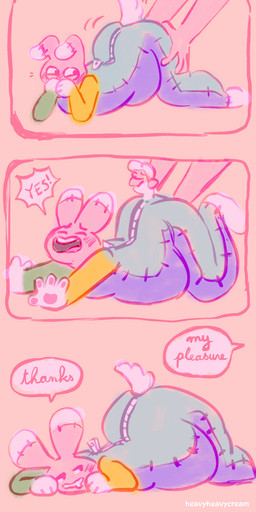 ambiguous_gender anal anal_penetration anthro belly blush bodily_fluids disembodied_hand drooling expansion happy looking_pleasured lying mostly_offscreen_character on_front open_mouth open_smile overweight overweight_ambiguous overweight_anthro penetration pink_background plush_stuffing plushie plushophilia saliva simple_background smile solo solo_focus speech_bubble stitch_(sewing) stuffing stuffing_inflation talking_to_another text thanking toony weight_gain zipper heavyheavycream animate_inanimate lagomorph leporid living_plushie mammal rabbit absurd_res colored comic digital_media_(artwork) english_text hi_res long_image pastel_theme tall_image
