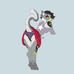 anthro black_hair bottomwear butt clothed clothing colored_edge_panties colored_edge_underwear countershading female fur grey_body grey_fur hair multicolored_body multicolored_clothing multicolored_fur multicolored_panties multicolored_underwear panties pattern_bottomwear pattern_clothing pattern_panties pattern_underwear presenting presenting_hindquarters presenting_panties presenting_underwear purple_eyes raised_tail red_bottomwear red_clothing red_skirt simple_background skirt solo striped_bottomwear striped_clothing striped_panties striped_underwear stripes tail teasing underwear upskirt upskirt_view white_body white_countershading white_fur keandypupper911 frida_(keandypupper911) felid mammal pantherine 1:1 hi_res