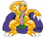 agumon anthro balls bandai_namco barefoot biped digimon digimon_(species) digital_media_(artwork) dinosaur erection feet front_view genitals hacking hand_on_head looking_at_genitalia looking_at_penis male non-mammal_balls open_mouth penis reclining reptile scalie signature simple_background sitting slightly_chubby snowmutt solo spread_legs spreading theropod unusual_anatomy unusual_genitalia unusual_penis white_background