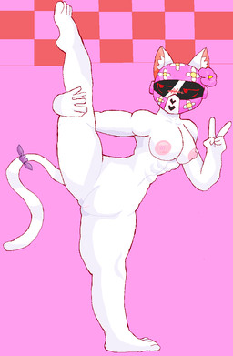 abs anthro areola armor barefoot breasts feet female flower fur genitals gesture hand_gesture headgear helmet nude pink_areola plant raised_leg shy solo spread_legs spreading v_sign vulva white_body white_fur cool_cola eve_(cool_cola) domestic_cat felid feline felis mammal hi_res