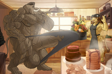 anthro balls big_balls big_penis black_hair body_hair brown_hair clothing erection feet food fruit genitals grey_balls grey_body grey_penis hair hairy_balls hairy_body hat headgear headwear huge_balls huge_penis humanoid_genitalia humanoid_penis inside kitchen male muscular open_mouth penis plant torn_clothing torn_underwear underwear vegetable yellow_body guzreuef elephant elephantid felid lion mammal pantherine proboscidean 2018