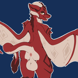 anthro anus backsack balls barely_visible_genitalia barely_visible_penis big_balls big_ears butt curved_horn fluffy fur fur_markings genital_raphe genitals half-closed_eyes horn huge_balls looking_at_viewer looking_back male markings multicolored_body multicolored_fur narrowed_eyes penis presenting presenting_anus presenting_hindquarters raphe_(anatomy) red_body red_fur simple_background solo spread_butt spread_wings spreading tail tongue tongue_out transparent_background wings yellow_eyes tauphie mythology brulee_(y11) dragon furred_dragon furred_scalie mythological_creature mythological_scalie scalie 1:1 2026 alpha_channel flat_colors hi_res