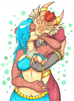 anthro areola big_breasts breast_grab breasts claws clothing duo erect_nipples female female/female hand_on_breast harem harem_outfit horn kissing membrane_(anatomy) nipples non-mammal_breasts one_breast_out ring simple_background webbed_hands shawnthegirl dungeons_and_dragons hasbro wizards_of_the_coast aleisandra bouncyotter dragonborn_(dnd) mammal mustelid otter scalie hi_res traditional_media_(artwork)