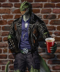 alcohol anthro beer belt beverage bottomwear brick_wall claws clothing container cup dog_tags finger_claws gloves green_body hand_in_pocket handwear holding_container holding_cup holding_object jacket leather leather_clothing leather_jacket leather_topwear male pockets purple_clothing purple_shirt purple_topwear ribs shirt shorts solo spiked_gloves spiked_jacket spikes spikes_(anatomy) tail teeth tongue topwear torn_clothing torn_shirt torn_topwear wall_(structure) yellow_eyes shaneinvasion jurassic_park universal_studios rocco_(tallion) dinosaur prehistoric_species reptile saurischian scalie theropod tyrannosaurid tyrannosauroid tyrannosaurus tyrannosaurus_rex hi_res signature