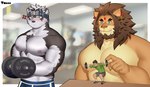 barbell brown_hair chest_tuft exercise fur group gym hair kerchief male markings micro muscular muscular_male orange_body orange_fur pecs soft_abs tan_body tan_fur third_eye_(marking) tuft white_hair el_tacc0 lifewonders tokyo_afterschool_summoners barong_(tas) horkeu_kamui_(tas) canid canine canis felid human lion mammal pantherine wolf hi_res