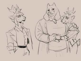 4_fingers ambiguous_clothing anthro antlers blouse bob_cut cardigan clock clothing duo ear_piercing eyeliner female female/female fingers fluffy_ears frowning_at_viewer heart_locket horn lipstick makeup piercing smile suit_jacket topwear watch donutfloats deltarune undertale_(series) carol_holiday toriel bovid caprine deer goat mammal new_world_deer reindeer hi_res monochrome sketch