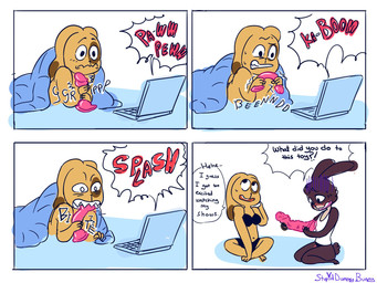 anthro dialogue duo female sex_toy text stupiddummybunny lagomorph leporid mammal rabbit 4:3 comic english_text hi_res