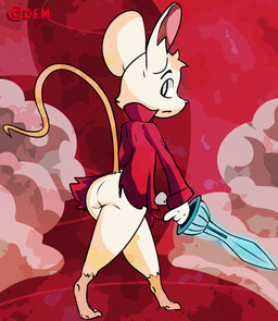 anthro big_butt bottomless butt clothed clothing female fur melee_weapon ruins solo sword tail thick_thighs torn_clothing weapon white_body white_fur demon3sigma mina_the_hollower yacht_club_games mammal mouse murid murine rat rodent hi_res