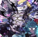 abs belt biceps blonde_hair blue_body blue_eyes blue_fur blue_hair blush clothed clothing eyewear fur glasses hair male multicolored_body multicolored_fur muscular muscular_male musical_instrument pecs scar two_tone_body two_tone_fur white_body white_fur mowang_yu lifewonders tokyo_afterschool_summoners benten_(tas) fenrir_(tas) typhon_(tas) canid canine canis cetacean dolphin fish human hybrid mammal marine oceanic_dolphin orca shark toothed_whale wolf absurd_res hi_res