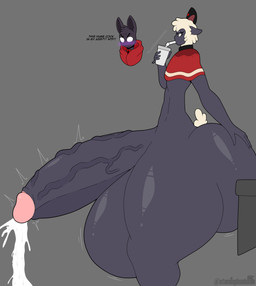 anthro balls big_balls big_butt big_penis black_eyes blush bodily_fluids butt cloak clothing container crown cum cup drinking duo exclamation_point fur genital_fluids genitals grey_body half-closed_eyes hand_on_butt headgear holding_container holding_cup holding_object horn huge_balls huge_butt huge_penis huge_thighs hyper hyper_balls hyper_butt hyper_genitalia hyper_penis hyper_thighs male mostly_nude narrowed_eyes penis profanity question_mark robe solo_focus text thick_thighs white_body white_fur white_wool wool_(fur) stemingbunbun cult_of_the_lamb massive_monster_(studio) follower_(cult_of_the_lamb) lamb_(cult_of_the_lamb) narinder red_crown_(cult_of_the_lamb) bovid caprine domestic_cat felid feline felis mammal sheep absurd_res english_text hi_res