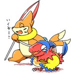 anthro duo feathers fur male multicolored_body multicolored_feathers orange_body orange_fur smile swim_ring text umbrella tatu_wani_(artist) nintendo pokemon pokemon_mystery_dungeon spike_chunsoft aerial_explorer_archen marine_explorer_buizel archen buizel fossil_pokemon generation_4_pokemon generation_5_pokemon pokemon_(species) hi_res japanese_text translated