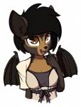 anthro black_hair breasts brown_body brown_eyes brown_fur clothed clothing dress fangs female fur hair inner_ear_fluff open_mouth simple_background smile solo teeth tuft white_background wings aggie_(artist) bat mammal megabat 2018 digital_media_(artwork)