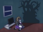 anthro biped butt cloven_hooves dark_room electronics hooves male shadow sitting solo television unguligrade window sono h._p._lovecraft bovid caprine mammal monster sheep absurd_res hi_res