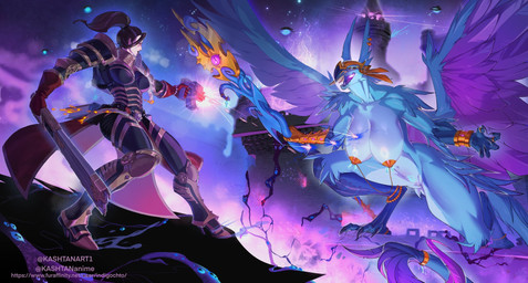 anthro big_breasts blue_body blue_feathers breasts clothed clothing feathers female genitals hair larger_female linked_nipples nipples nude size_difference vulva wings indigochto warhammer_(franchise) ilsetria avian bird chaos_daemon daemon_of_tzeentch human lord_of_change mammal hi_res