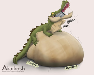after_vore belly big_belly duo feral feral_pred green_body green_legs green_scales green_tail huge_belly object_vore rumbling_stomach scales simple_background tail tan_body text vore white_background akaikosh crocodile crocodilian reptile scalie 2026 english_text hi_res watermark