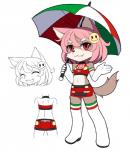 anthro boots clothing female footwear hair holding_object holding_umbrella italian_flag kemono pink_hair red_eyes shoes short_hair simple_background smiley_face solo umbrella white_background kalki fiat canid canine canis domestic_dog mammal 2015