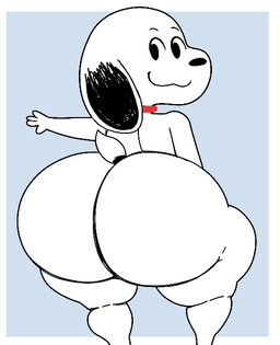 anthro big_butt black_eyes butt huge_butt looking_back male nude smile solo thick_thighs white_body wide_hips furu_flami peanuts_(comic) snoopy canid canine canis domestic_dog mammal