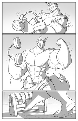 abs anthro biceps big_muscles big_penis biped body_size_growth border bottomwear clothed clothing erection exercise feet flexing fluffy fluffy_tail genitals growth gym huge_muscles huge_penis humanoid_genitalia humanoid_penis macro male muscle_growth muscular muscular_anthro muscular_male partially_clothed pawpads paws pecs penis size_transformation soles solo tail topless torn_clothing transformation wardrobe_malfunction weightlifting weights white_border workout conditional_dnp jollyjack dog_fox_(character) canid canine fox mammal 2012 absurd_res comic digital_media_(artwork) hi_res monochrome