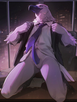 anthro beak black_clothing black_topwear blue_beak blue_necktie blue_penis bottomless chair clothed clothing erection feathers front_view furniture genitals kneeling male male_anthro mouth_closed necktie office office_chair paper penis solo tail tail_feathers tapering_penis topwear white_body white_clothing white_eyes white_feathers white_topwear justkiddinb avian hi_res