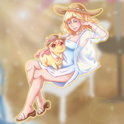 beach blonde_hair blue_clothing blue_dress blurred_background breasts cleavage clothed clothed_human clothing dress duo female female_feral female_human feral footwear fur hair hat headgear headwear on_lap pink_hair pink_tail sandals shoes sitting sitting_on_lap sun_hat tail translucent translucent_clothing yellow_body yellow_fur young young_female young_feral yellowcottoncandy030 fluffy_pony fluffy_pony_(species) human mammal 1:1 hi_res