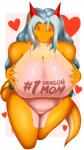 2018 absurd_res aisyah_zaskia_harnny anthro apron apron_only big_breasts breasts clothing curvy_figure dragon female hair harnny hi_res horn huge_breasts long_hair looking_at_viewer mature_anthro mature_female mostly_nude mythological_creature mythological_scalie mythology non-mammal_breasts red_horn scalie slightly_chubby solo tail text text_on_apron text_on_clothing thick_thighs voluptuous yellow_body