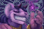 anthro black_sclera bracelet claws close-up clothed clothing finger_claws fur grin hair horn jewelry low-angle_view male purple_body purple_eyes purple_fur simple_background smile solo nommz ankou_(nommz) imp mammal mouse murid murine rodent 2017 3:2 digital_media_(artwork) headshot_portrait portrait