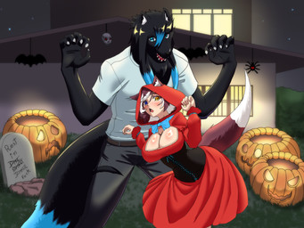 anthro belt big_breasts big_butt black_body black_fur black_hair blue_bow blue_bow_tie blue_eyes blue_hair_tips blush bow_tie breasts building butt clothing corset costume decoration dress duo female food fruit fur grass green_grass hair halloween_costume halloween_decoration heterochromia holidays hood house jack-o'-lantern larger_male lawn lingerie looking_at_viewer male male/female markings multicolored_body multicolored_fur multicolored_hair night plant pose posing_for_picture posing_for_the_viewer pumpkin red_clothing red_dress shirt size_difference skull_decoration smaller_female tail tail_markings tombstone topwear torn_clothing two_tone_body two_tone_fur two_tone_hair kayserend fairy_tales halloween little_red_riding_hood_(copyright) mythology big_bad_wolf kat_(mazume) lhqel'ts little_red_riding_hood animal_humanoid canid canid_humanoid canine canine_humanoid canis cat_humanoid domestic_cat felid felid_humanoid feline feline_humanoid felis humanoid mammal mammal_humanoid mythological_canine mythological_creature werecanid werecanine werecreature werewolf wolf wolf_humanoid 4:3 digital_drawing_(artwork) digital_media_(artwork) hi_res