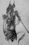 anthro blade bottomwear clothed clothing female scepter simple_background skirt solo tail tail_blade weapon_tail conditional_dnp ratte legacy_(ratte) ushuaia cyavian 2016 greyscale monochrome traditional_media_(artwork)