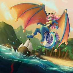 anthro beach bikini clothing duo flying membrane_(anatomy) membranous_wings sea seaside sunset swimwear tail two-piece_swimsuit water wings andy_234 mythology dragon mythological_creature mythological_scalie scalie 1:1 absurd_res hi_res