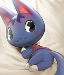 anthro bedding bedding_background blue_body blue_fur blush chibi featureless_crotch female fur looking_at_viewer lying pawpads simple_background smile solo inkune animal_crossing nintendo rosie_(animal_crossing) domestic_cat felid feline felis mammal