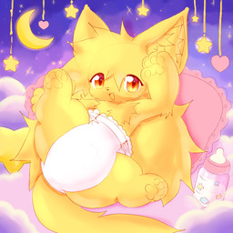 anthro clean_diaper clothed clothing cloud diaper feeding_bottle female happy moon neonate night orange_eyes solo star wearing_diaper yellow_body young wayletuwu domestic_cat felid feline felis mammal 1:1 hi_res