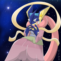 ambiguous_gender anthro clothed clothing cosplay solo star type nintendo pokemon amphibian generation_6_pokemon greninja pokemon_(species) 1:1 2015 hi_res