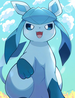 ambiguous_gender blue_body blue_eyes blue_hair cloud cute_fangs day fangs feral hair looking_at_viewer low-angle_view open_mouth open_smile outside paws pupils quadruped sky smile solo teeth white_pupils komanyachi nintendo pokemon eeveelution generation_4_pokemon glaceon pokemon_(species) absurd_res colored digital_drawing_(artwork) digital_media_(artwork) hi_res shaded