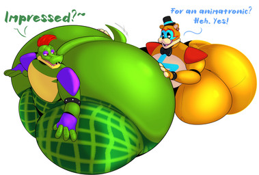 anthro bedroom_eyes big_butt bow_tie butt clothing dialogue duo ear_piercing green_body hair hat headgear headwear huge_butt hyper hyper_butt lidded_eyes machine male male/male mohawk narrowed_eyes nude open_mouth orange_body piercing pink_tongue purple_eyelids red_hair red_mohawk seductive shoulder_pads simple_background text tongue top_hat white_background terito five_nights_at_freddy's five_nights_at_freddy's:_security_breach scottgames steel_wool_studios glamrock_freddy montgomery_gator animatronic robot absurd_res english_text hi_res