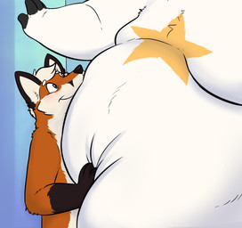 anthro belly belly_squeeze belly_squish duo fat_belly male male/male morbidly_obese morbidly_obese_anthro morbidly_obese_male obese obese_anthro obese_male overweight overweight_anthro overweight_male pinned pinned_by_belly pinned_to_wall squish kanancollie arctic_fox canid canine fox mammal red_fox true_fox hi_res