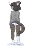 anthro black_eyes black_hair blue_clothing blue_underwear boxer_briefs brown_body brown_fur bulge butt clothed clothing exclamation_point footwear fur grey_body grey_clothing grey_fur grey_nose grey_shirt grey_topwear hair inner_ear_fluff looking_back male markings mole_(marking) pantsless pink_inner_ear pupils shirt simple_background socks solo surprised tail tail_tuft topwear tuft underwear white_background white_clothing white_footwear white_pupils white_socks white_underwear mr-shin cat_sona_(mr-shin) domestic_cat felid feline felis mammal 2025 hi_res