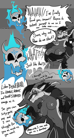 anthro bone breasts corruption dialogue duo elemental_manipulation female fire fire_manipulation genitals glistening glistening_breasts horn magic possessed_skull possession silly skull speech_bubble text vulva caesarus mythology cipher-raid dragon eastern_dragon mythological_creature mythological_scalie scalie absurd_res comic english_text hi_res
