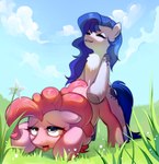 absurd_res blue_eyes bodily_fluids cloud cloudy_sky cum doggystyle duo ejaculation equid equine fan_character fantasysong female friendship_is_magic from_behind_position genital_fluids grass happy hasbro hi_res horn horse intersex intersex/female mammal my_little_pony mythology pinkie_pie_(mlp) plant pony sex sky tongue tongue_out