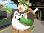 anthro backpack belly big_belly bottomwear clothing detailed_background green_body hat headgear headwear humanoid_hands kemono male outside overweight overweight_male pants shirt solo tain topwear inugamihito lifewonders live_a_hero mokdai canid canine canis domestic_dog mammal 2023 4:3 hi_res