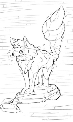 abstract_background ambiguous_gender bodily_fluids brick feral fur hair inanimate_transformation raised_tail rock sculpture shaking solo statue statufication tail tears transformation trembling water kareha_21909 animate_inanimate canid canine canis living_statue mammal wolf 3:5 black_and_white hi_res monochrome