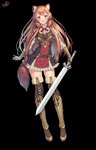 belt blush breasts brown_eyes brown_hair clothed clothing female hair holding_melee_weapon holding_object holding_sword holding_weapon long_hair looking_at_viewer melee_weapon open_mouth simple_background smile solo standing sword transparent_background weapon konishi the_rising_of_the_shield_hero raphtalia animal_humanoid canid canid_humanoid humanoid mammal mammal_humanoid 2019 absurd_res alpha_channel hi_res