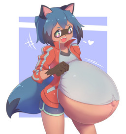 anthro belly big_belly clothed clothing female fully_clothed heart_symbol huge_belly hyper hyper_belly hyper_pregnancy looking_at_viewer midriff pregnant pregnant_anthro pregnant_female solo standing 1111122 brand_new_animal studio_trigger michiru_kagemori canid canine mammal raccoon_dog